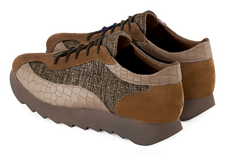 Caramel brown and tan beige women's three-tone elegant sneakers. Round toe. Low rubber soles. Rear view - Florence KOOIJMAN